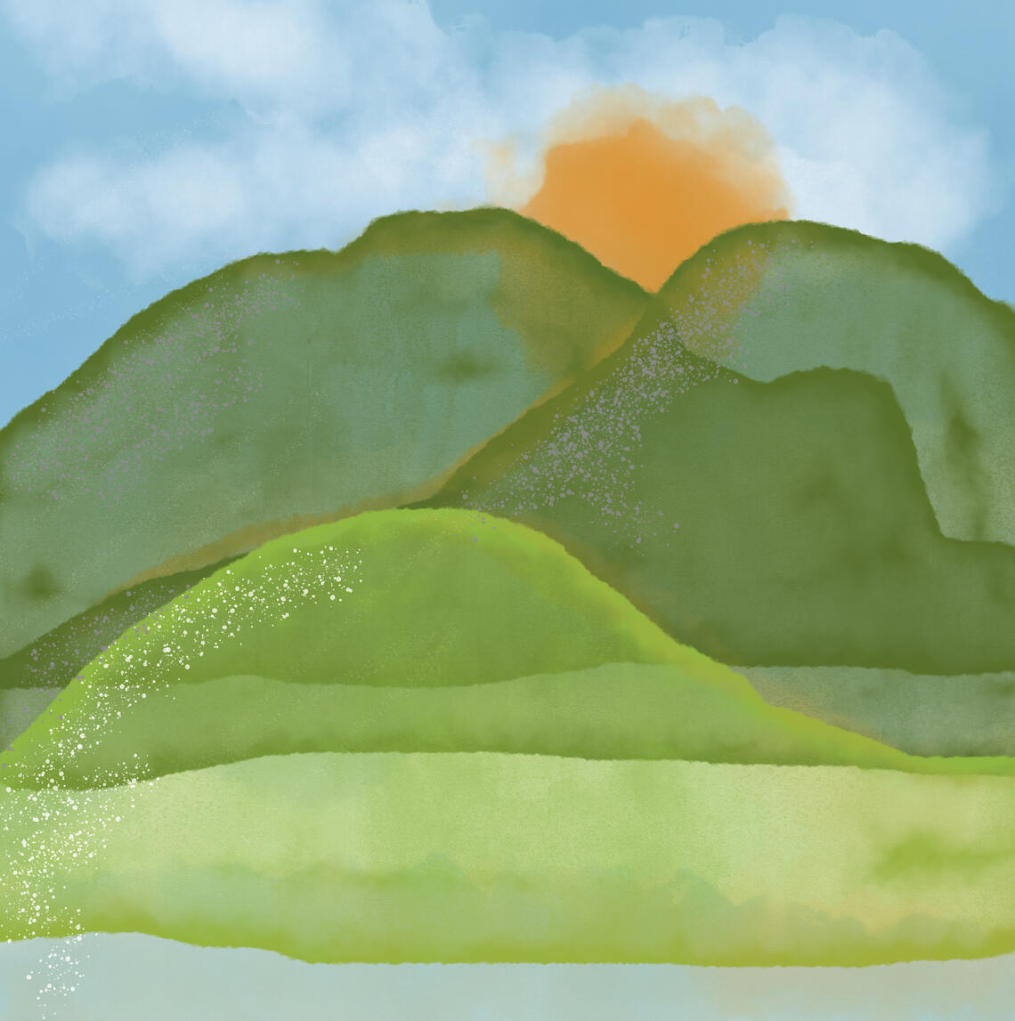 water colour style illustration of a mountain with a sunset