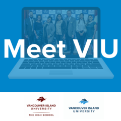 Meet VIU text with a laptop in the background and logos
