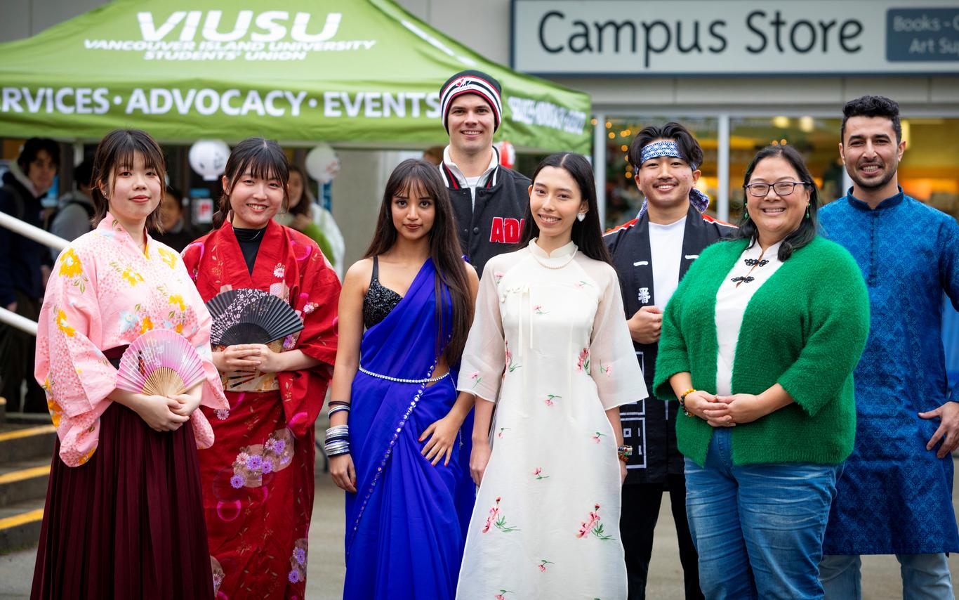 Outdoor group shot of international students at Vancouver Island University
